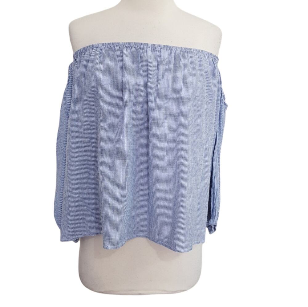 by the way. Blue White Striped 100% Cotton Off The Shoulder Strapless Blouse S